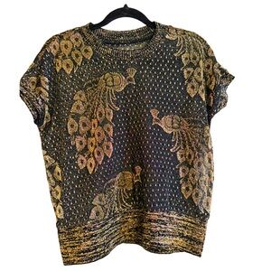 🦚 Vintage Black Sheer Metallic Peacock Top Gold Mesh Knit 80s 90s Glam